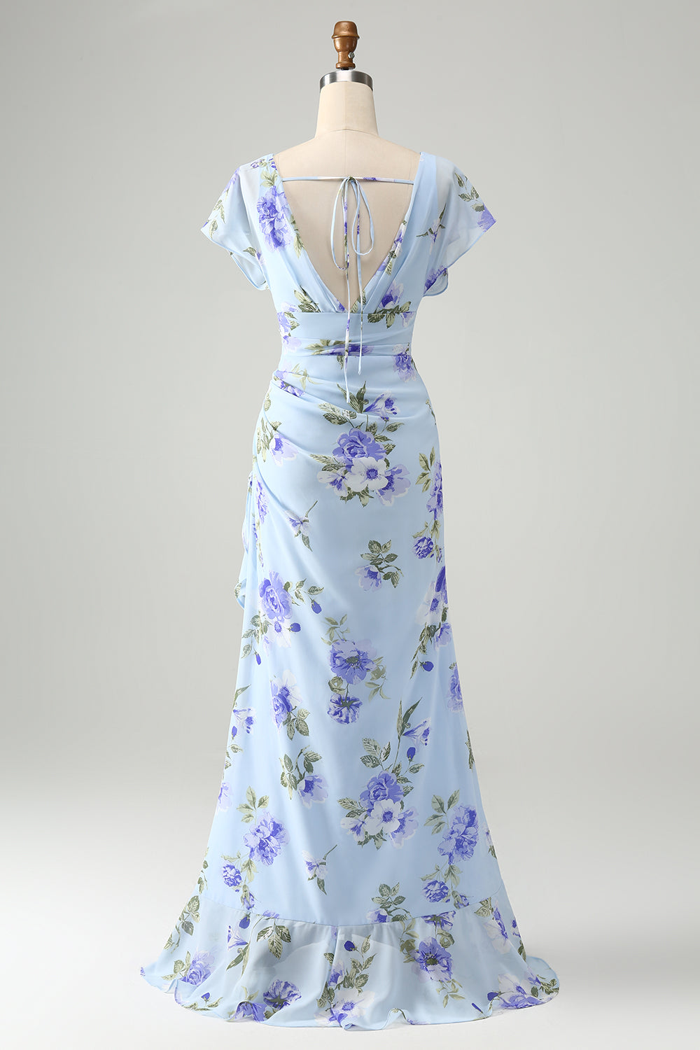 Blue Floral A-Line Ruffle Asymmetrical Wedding Guest Dress with Slit