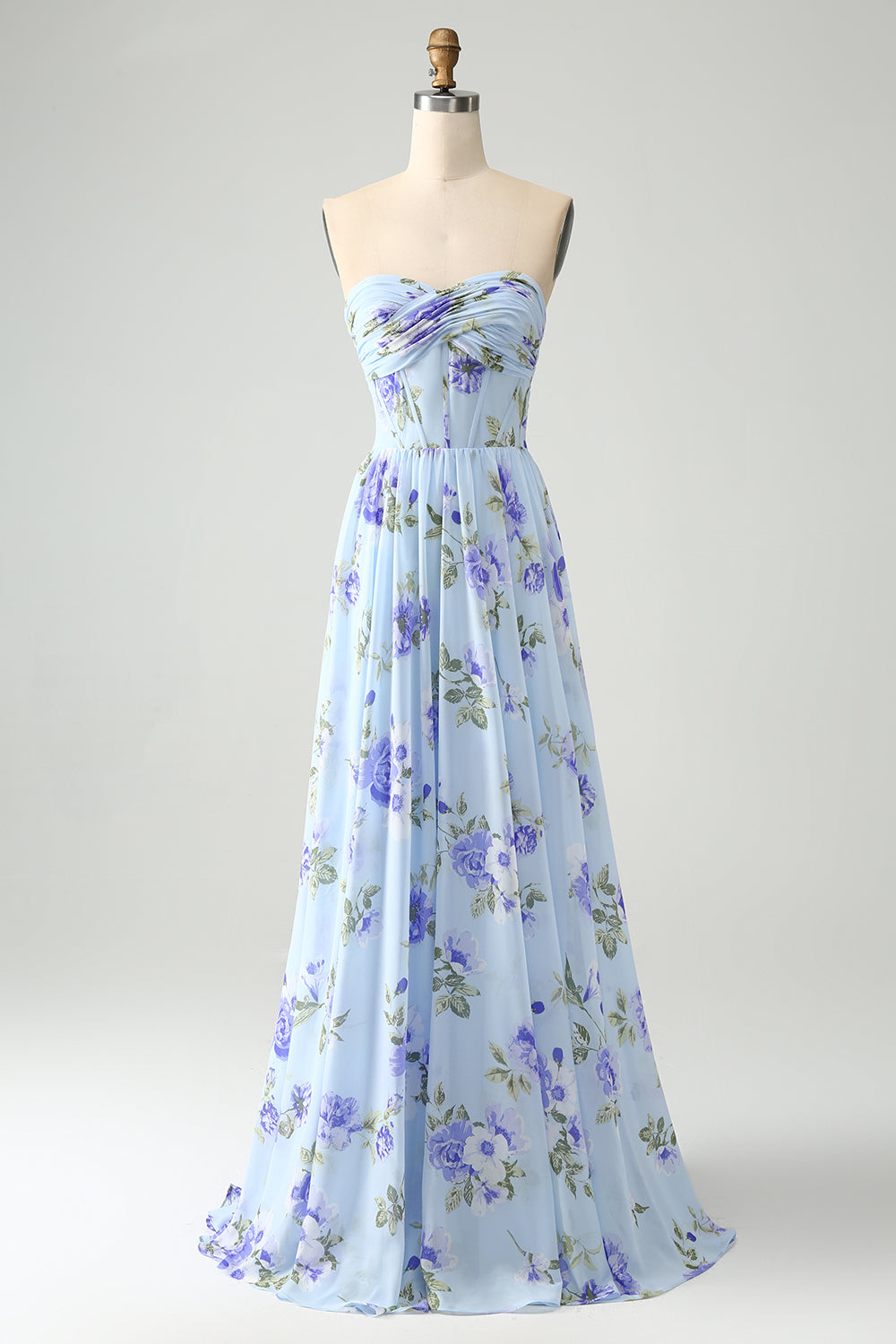 Blue Floral A-Line Sweetheart Strapless Pleated Long Wedding Guest Dress