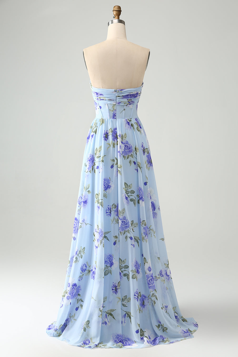 Blue Floral A-Line Sweetheart Strapless Pleated Long Wedding Guest Dress