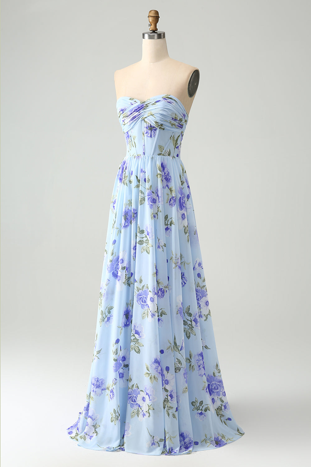 Blue Floral A-Line Sweetheart Strapless Pleated Long Wedding Guest Dress