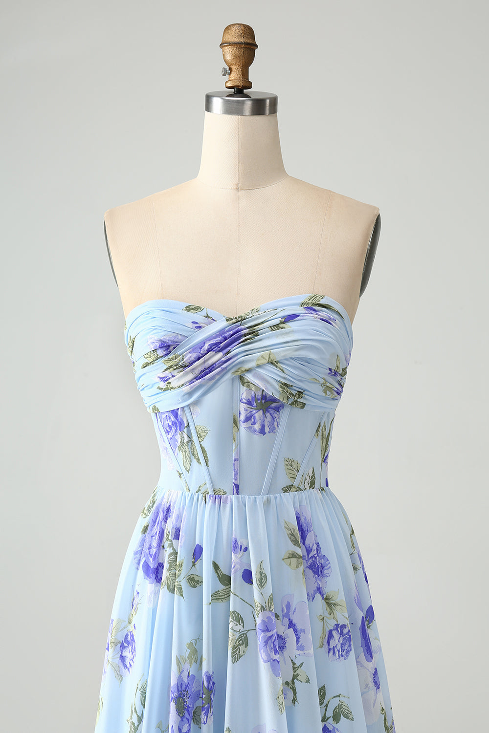 Blue Floral A-Line Sweetheart Strapless Pleated Long Wedding Guest Dress