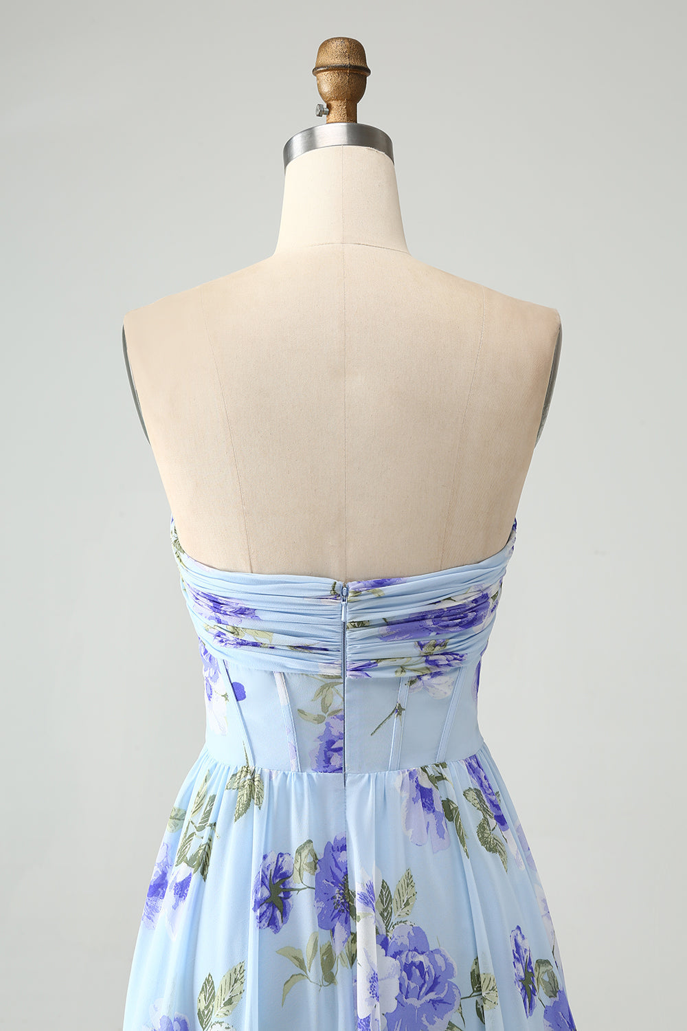 Blue Floral A-Line Sweetheart Strapless Pleated Long Wedding Guest Dress