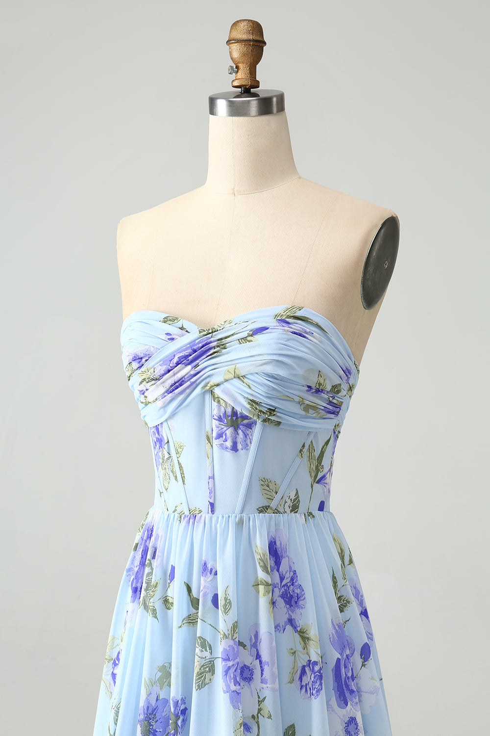 Blue Floral A-Line Sweetheart Strapless Pleated Long Wedding Guest Dress