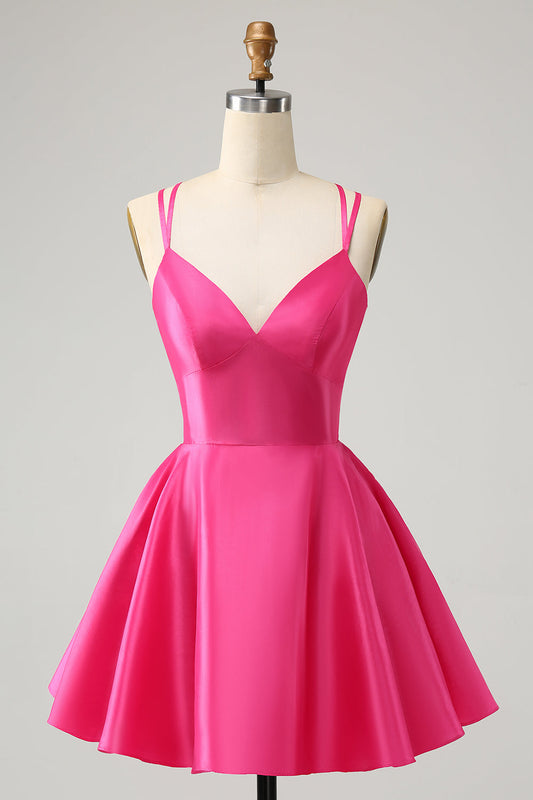 Fuchsia A-Line Spaghetti Straps Backless Short Cute Homecoming Dress