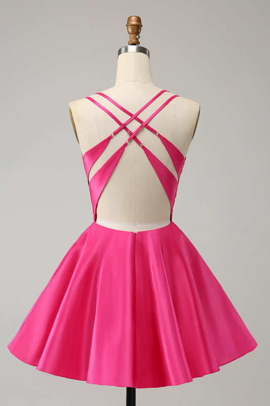 Fuchsia A-Line Spaghetti Straps Backless Short Cute Homecoming Dress
