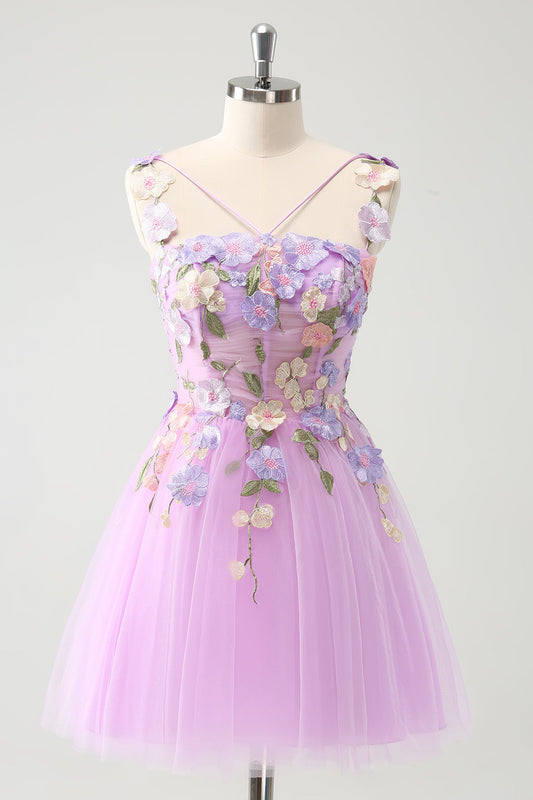Purple A-Line Halter Floral Tulle Short Homecoming Dress