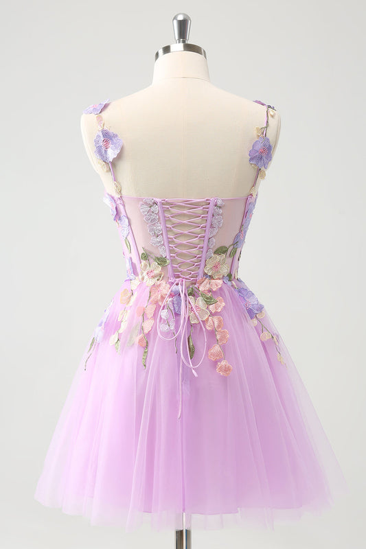 Purple A-Line Halter Floral Tulle Short Homecoming Dress
