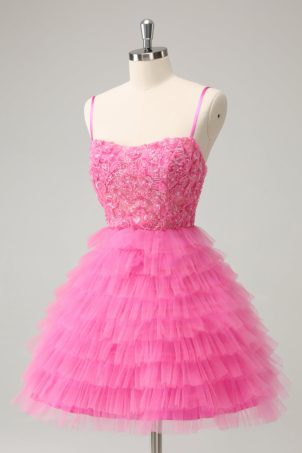 Glitter Pink A-Line Spaghetti Straps Tiered Flowers Tulle Cute Homecoming Dress