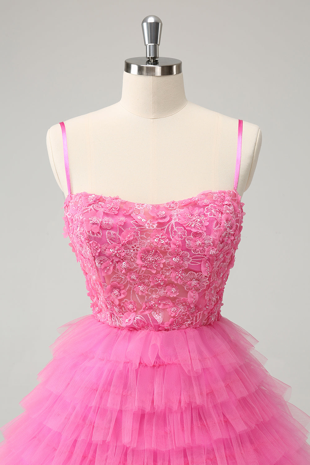Glitter Pink A-Line Spaghetti Straps Tiered Flowers Tulle Cute Homecoming Dress