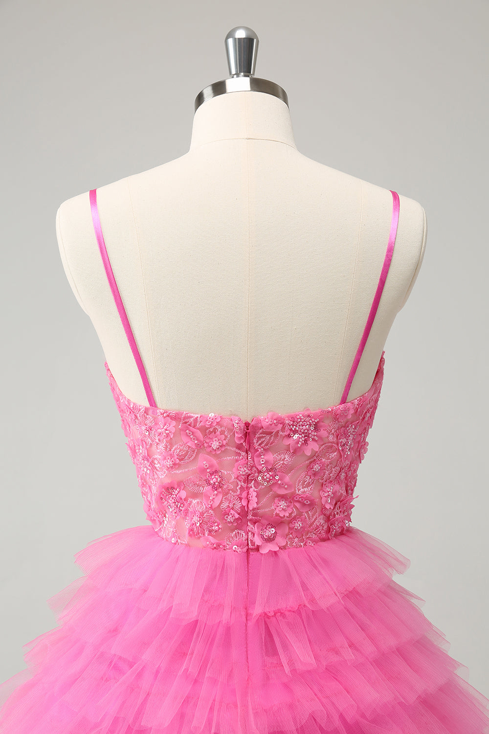 Glitter Pink A-Line Spaghetti Straps Tiered Flowers Tulle Cute Homecoming Dress