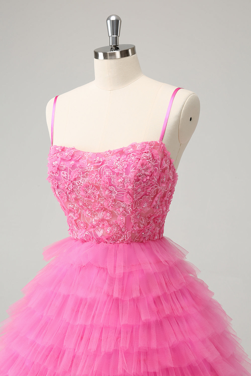 Glitter Pink A-Line Spaghetti Straps Tiered Flowers Tulle Cute Homecoming Dress