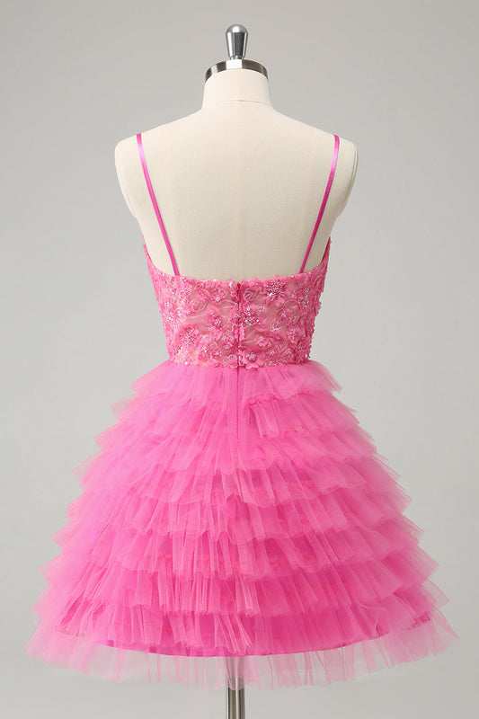 Glitter Pink A-Line Spaghetti Straps Tiered Flowers Tulle Cute Homecoming Dress