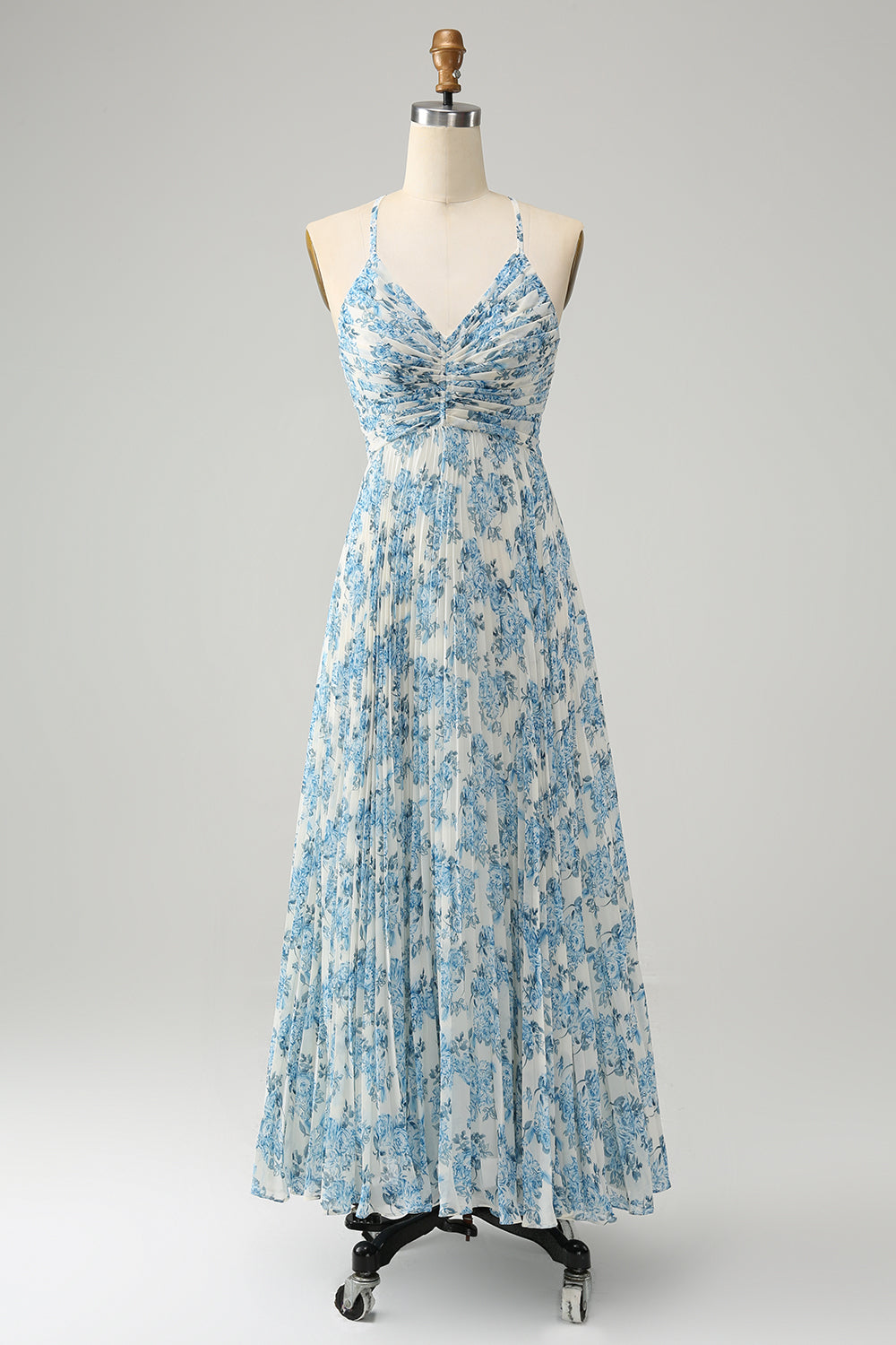 White Blue Floral Spaghetti Strap A-Line Wedding Guest Dress
