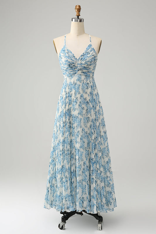 White Blue Floral Spaghetti Strap A-Line Wedding Guest Dress