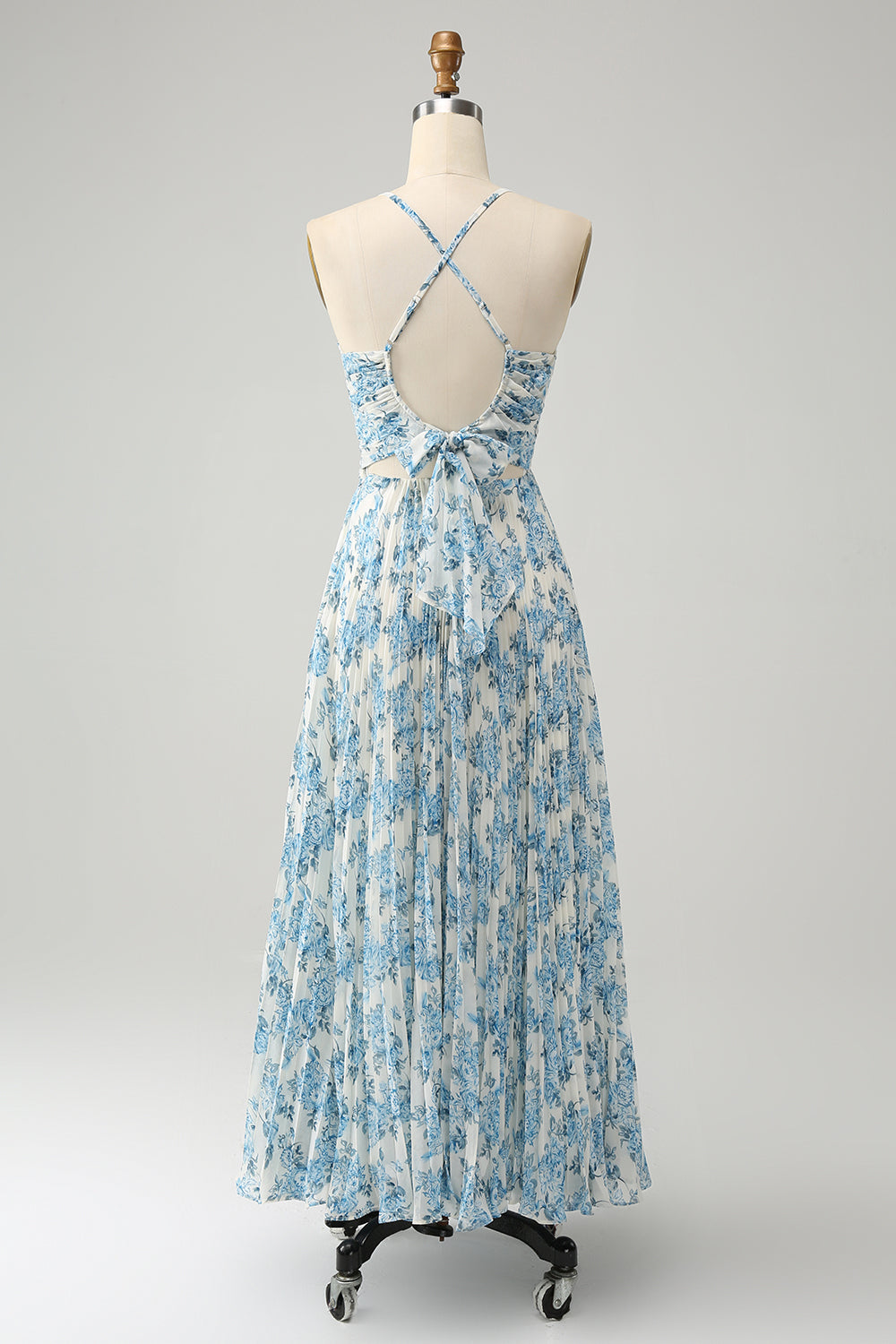 White Blue Floral Spaghetti Strap A-Line Wedding Guest Dress