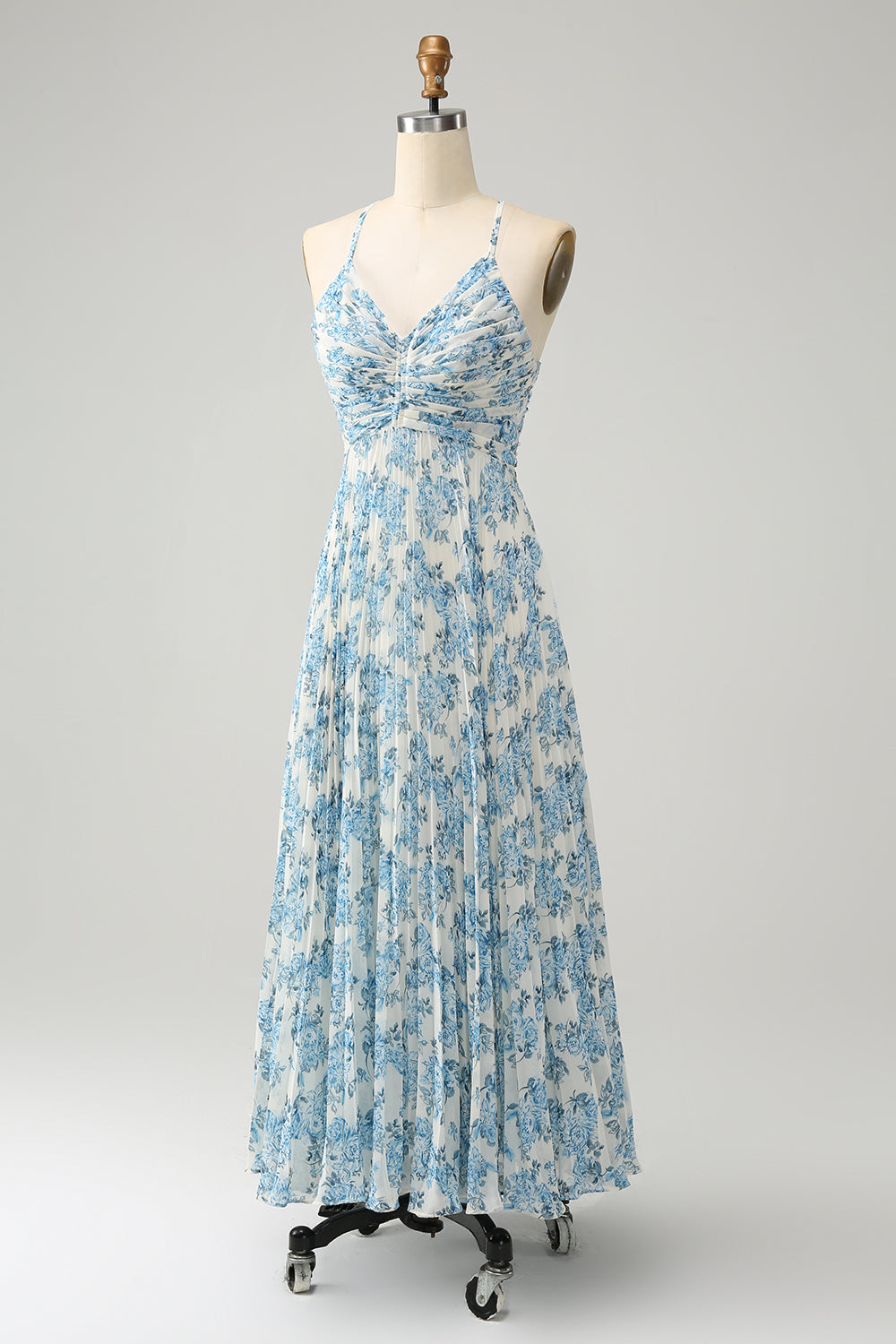 White Blue Floral Spaghetti Strap A-Line Wedding Guest Dress