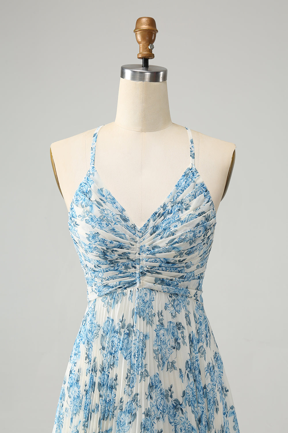 White Blue Floral Spaghetti Strap A-Line Wedding Guest Dress