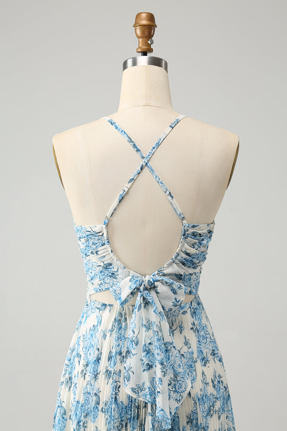 White Blue Floral Spaghetti Strap A-Line Wedding Guest Dress