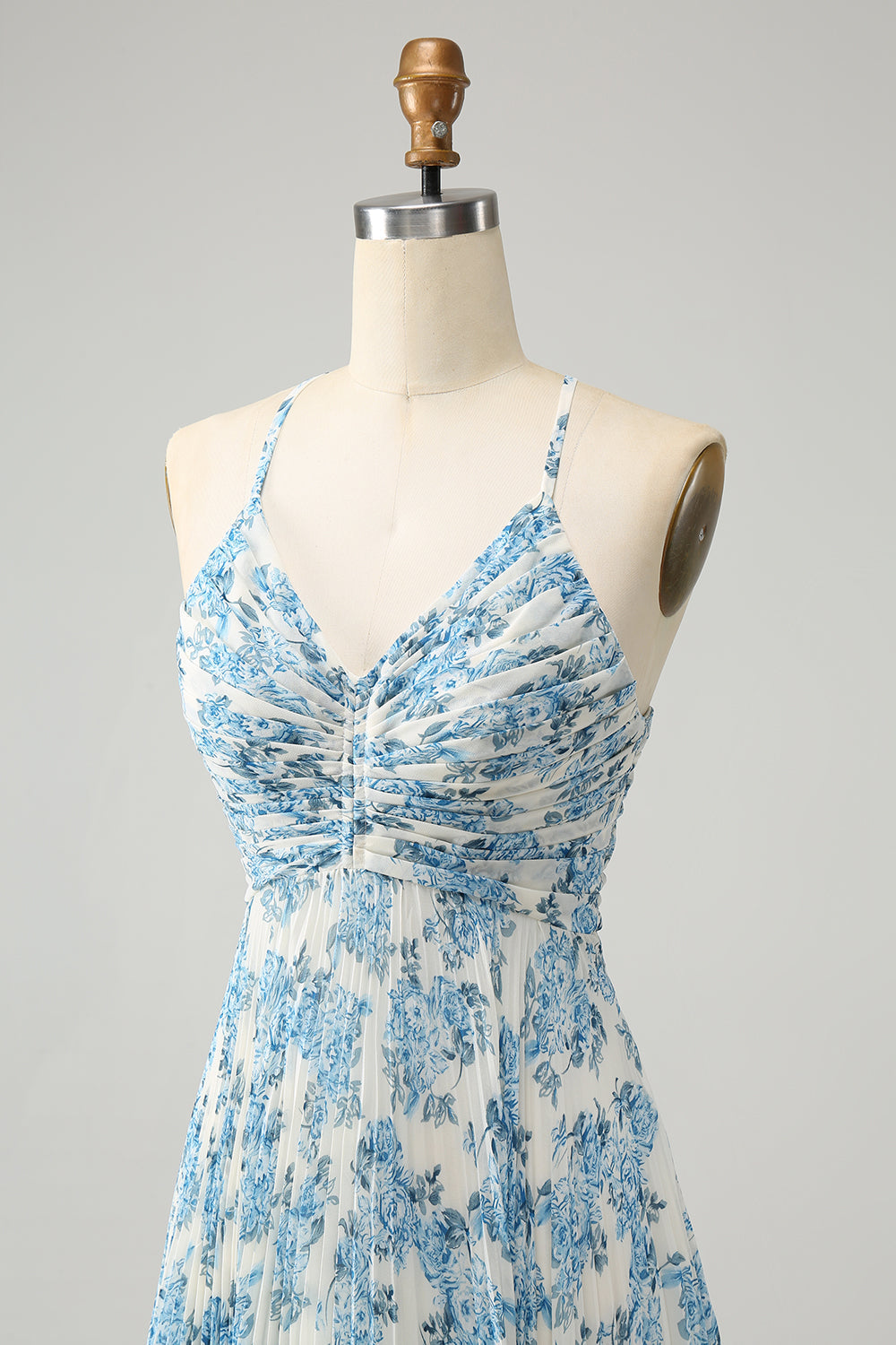 White Blue Floral Spaghetti Strap A-Line Wedding Guest Dress