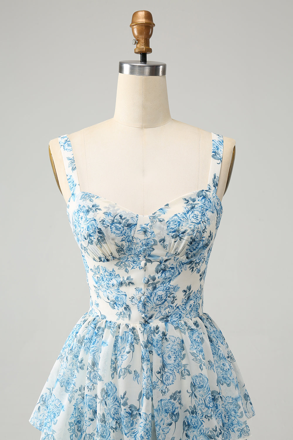 White Blue Corset Tiered Floral Wedding Guest Dress
