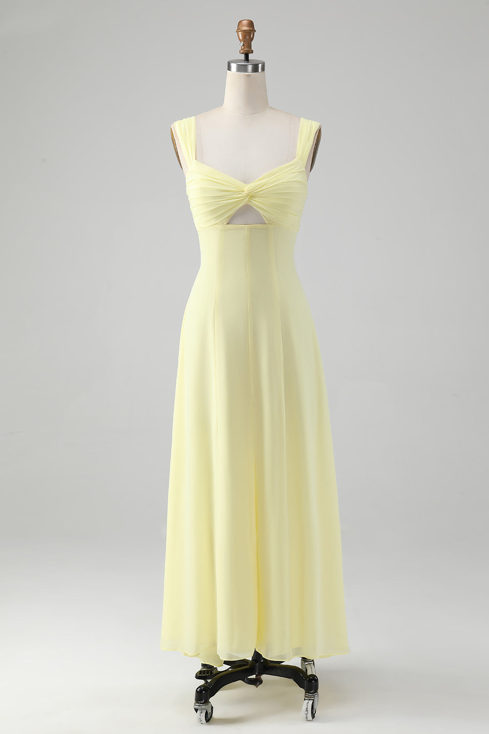 Robe de demoiselle d'honneur longue trapèze avec fente et col rond jaune citron