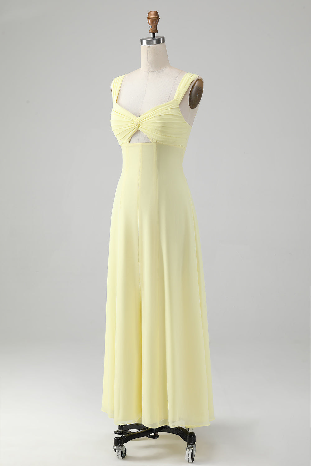 Robe de demoiselle d'honneur longue trapèze avec fente et col rond jaune citron