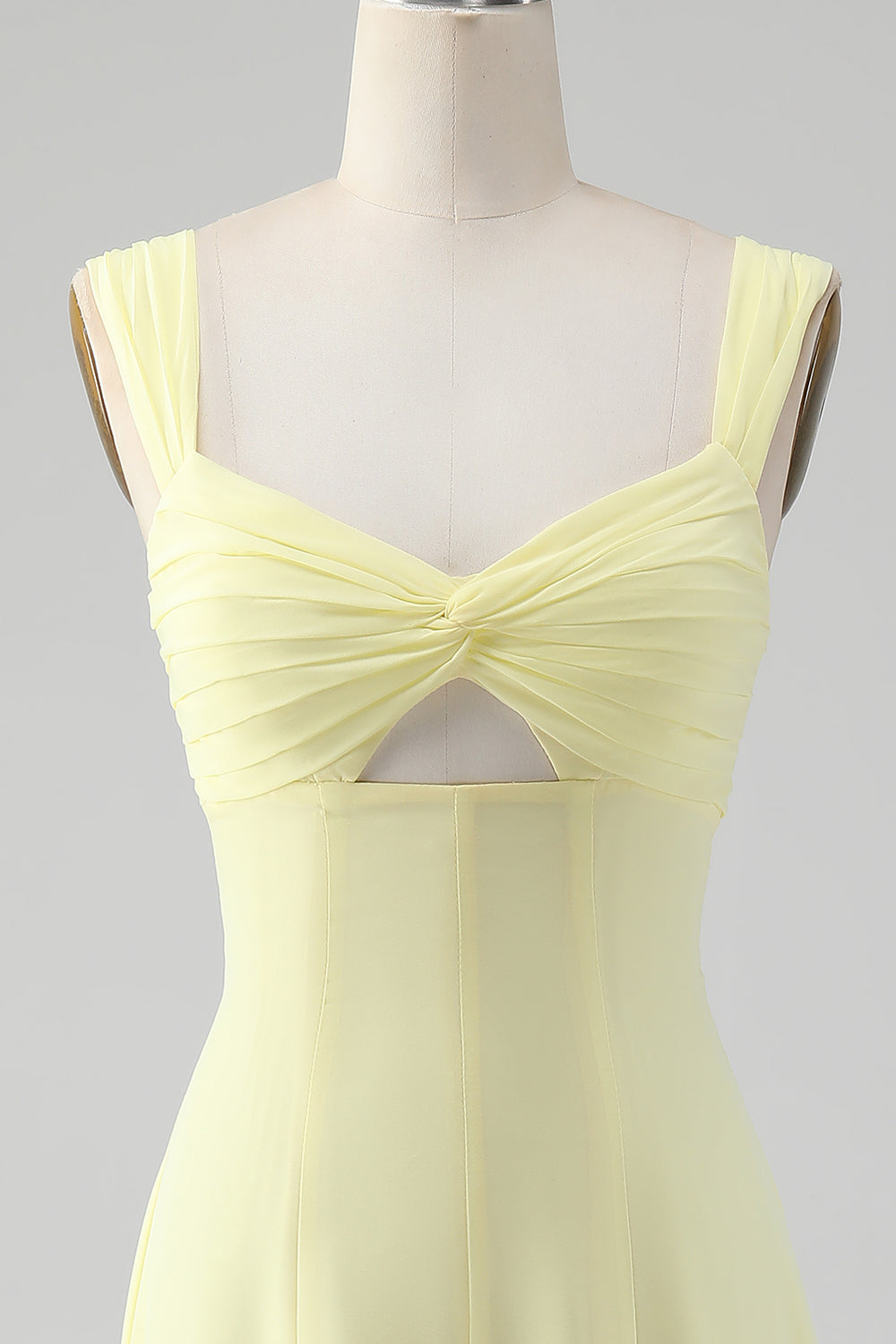 Robe de demoiselle d'honneur longue trapèze avec fente et col rond jaune citron