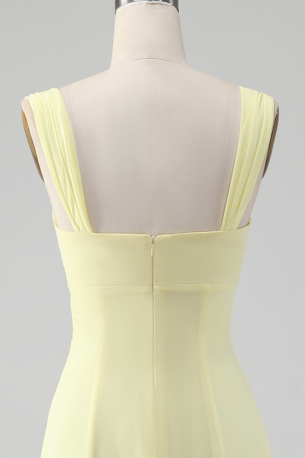 Robe de demoiselle d'honneur longue trapèze avec fente et col rond jaune citron