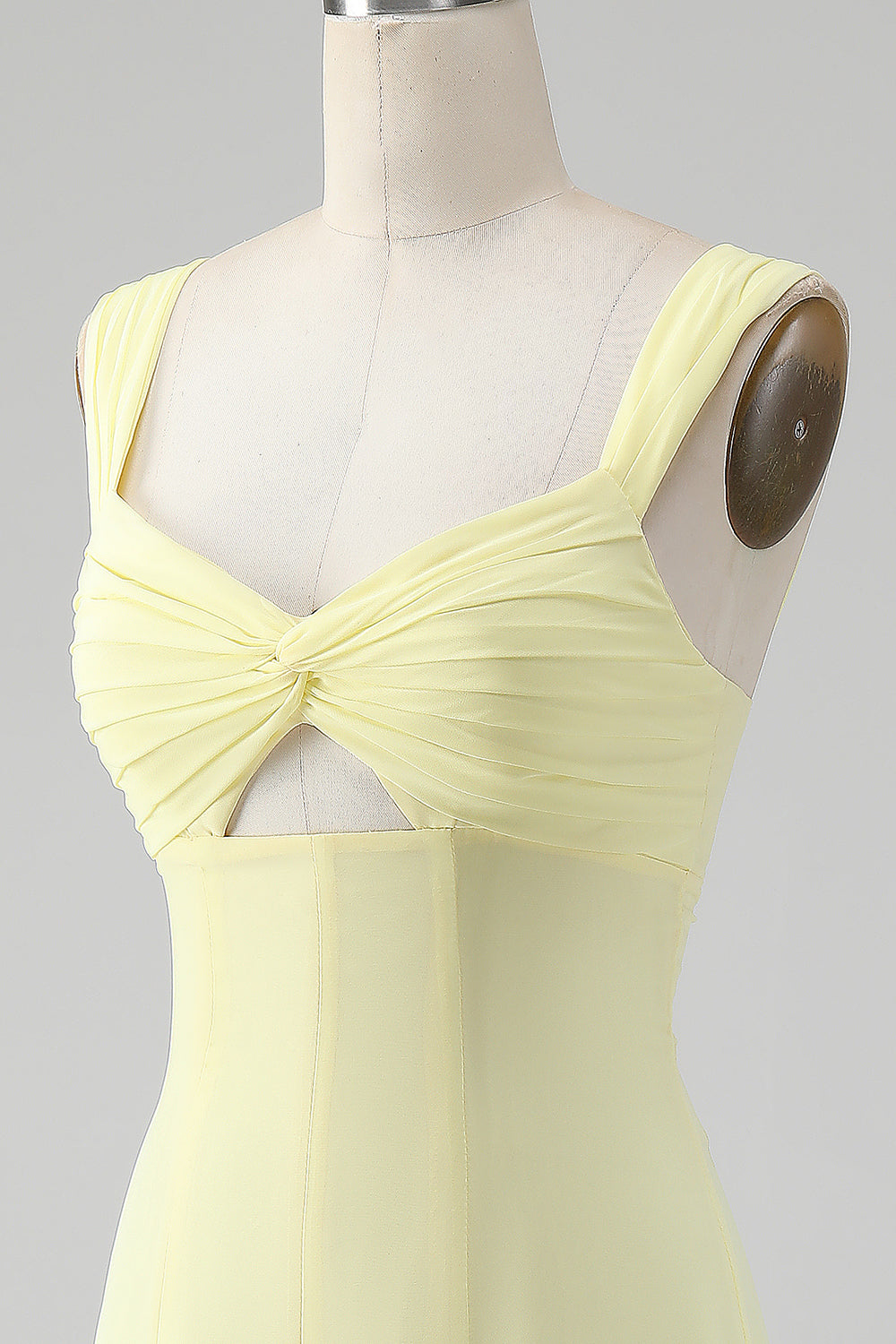 Robe de demoiselle d'honneur longue trapèze avec fente et col rond jaune citron