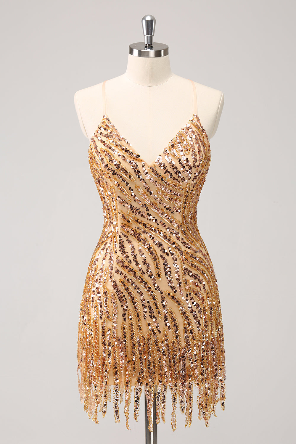 Robe de bal de fin d'année moulante à sequins dorés scintillants, décolleté en V avec franges