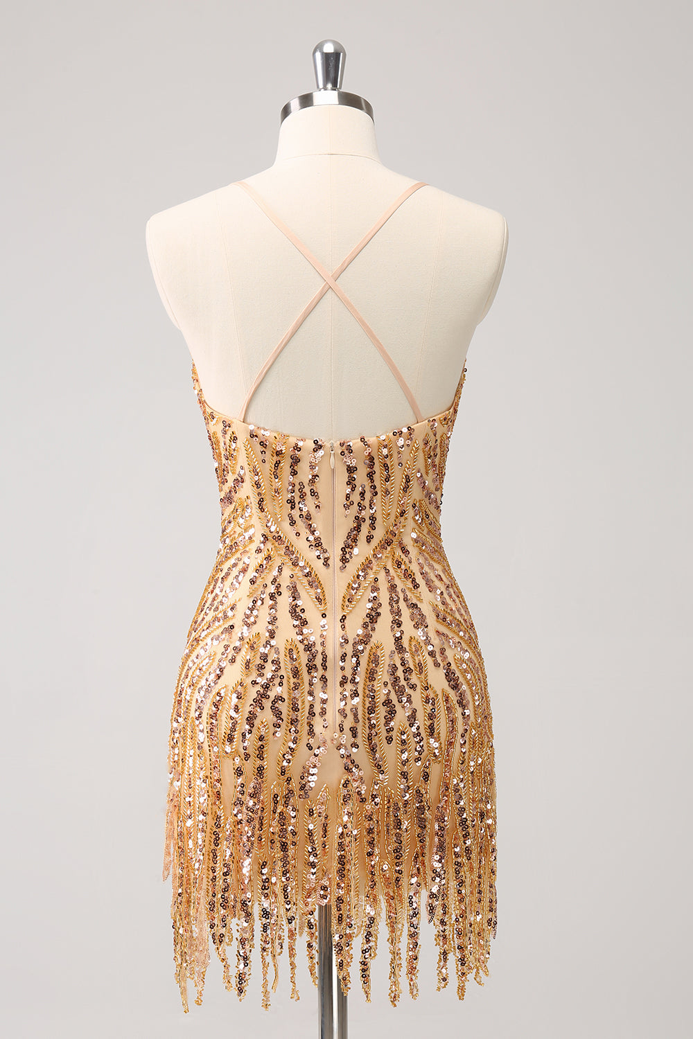 Robe de bal de fin d'année moulante à sequins dorés scintillants, décolleté en V avec franges
