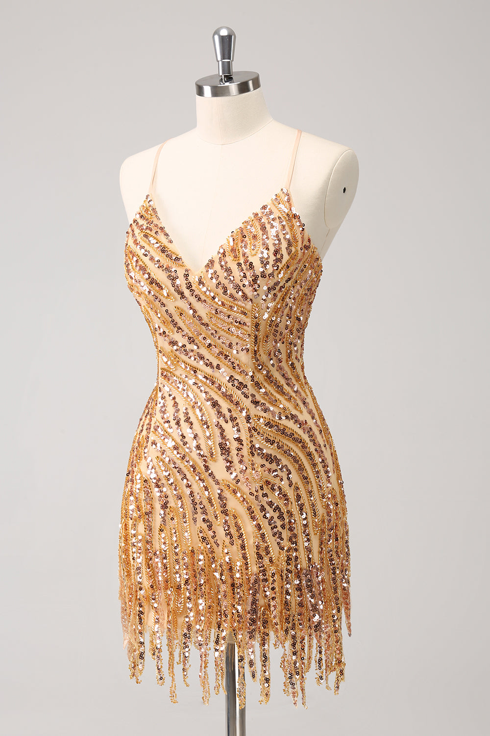 Robe de bal de fin d'année moulante à sequins dorés scintillants, décolleté en V avec franges
