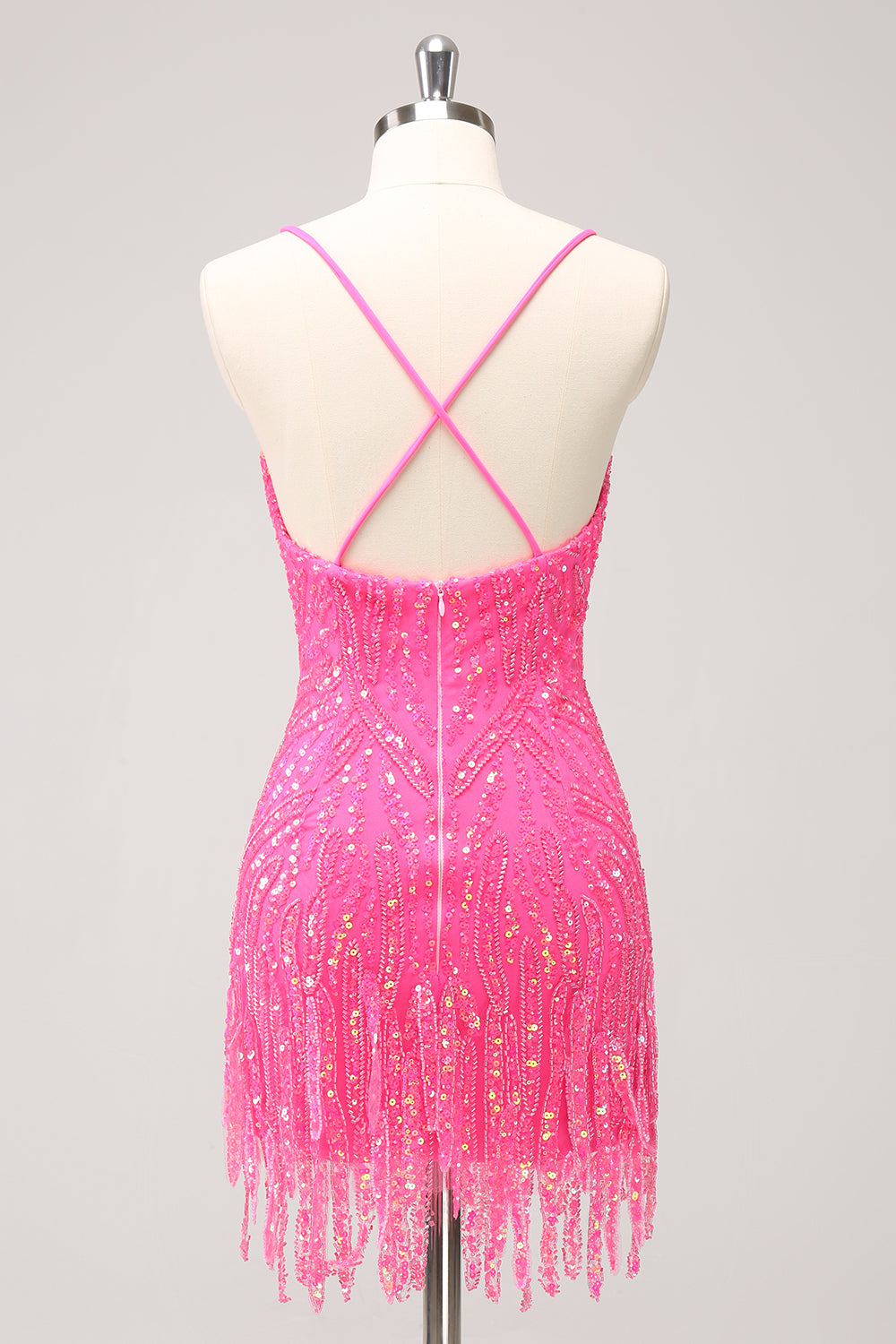 Robe de bal de fin d'année moulante à sequins dorés scintillants, décolleté en V avec franges