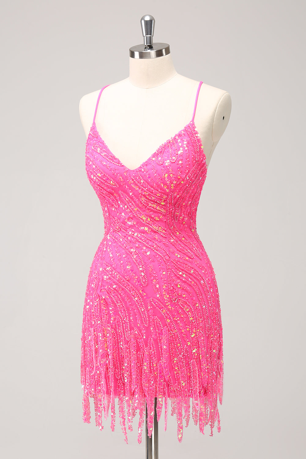 Robe de bal de fin d'année moulante à sequins dorés scintillants, décolleté en V avec franges
