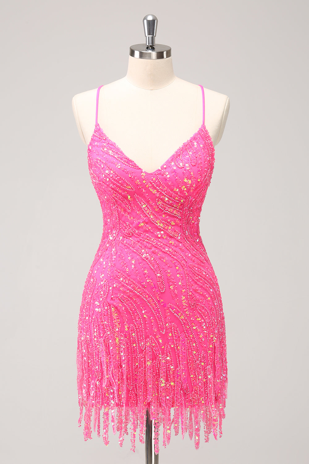 Robe de bal de fin d'année moulante à sequins dorés scintillants, décolleté en V avec franges
