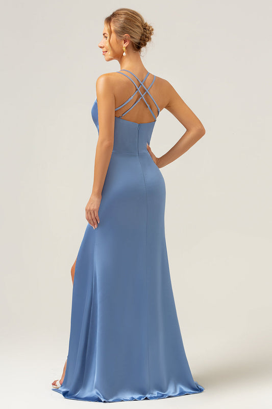 Robe de demoiselle d'honneur longue en satin sirène bleue à bretelles spaghetti avec fente