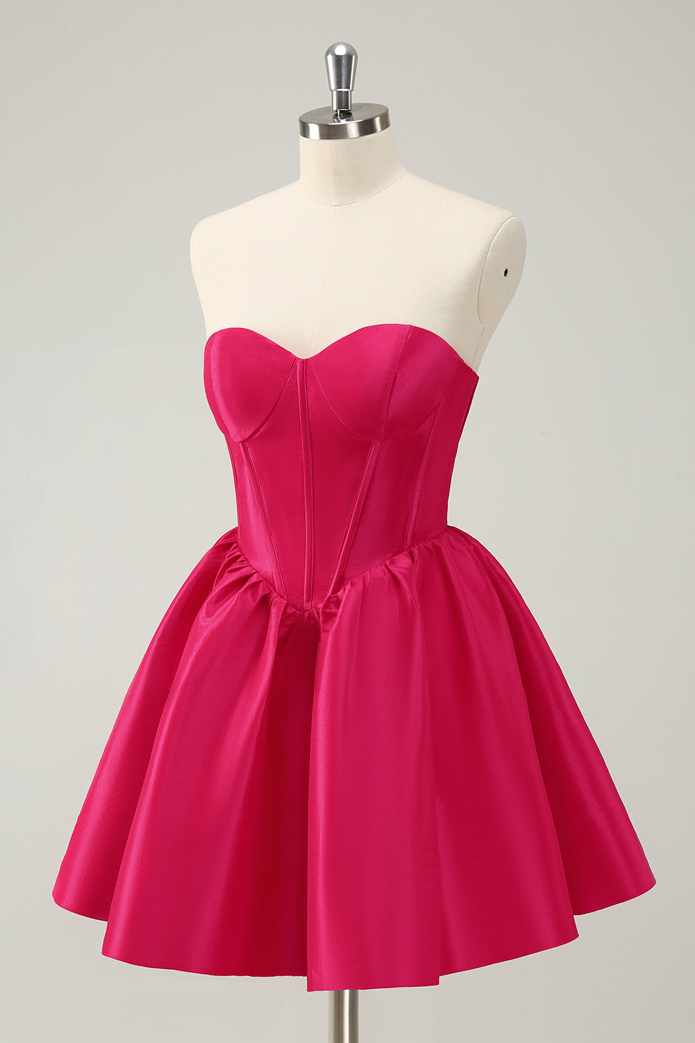 Robe de bal de fin d'année mignonne en satin, corset décolleté cœur, ligne A, couleur fuchsia