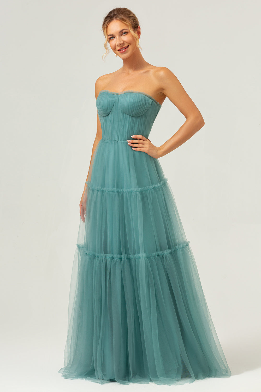 Robe de demoiselle d'honneur trapèze bustier en tulle Eucalyptus