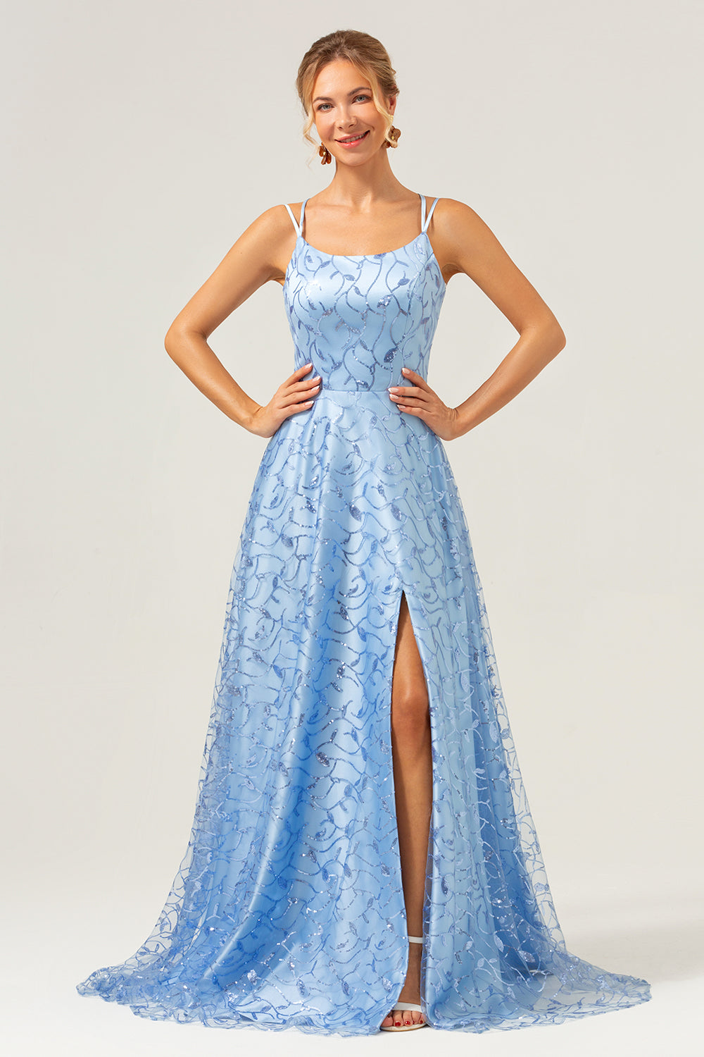 Sparkly Blue A-Line Spaghetti Straps Sequins Lace-Up Back Prom Dress with Slit