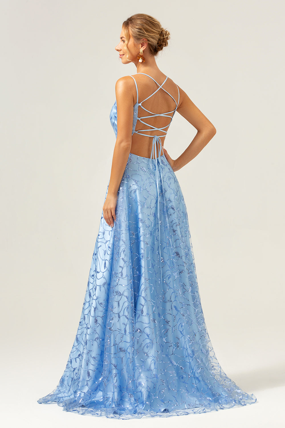 Sparkly Blue A-Line Spaghetti Straps Sequins Lace-Up Back Prom Dress with Slit