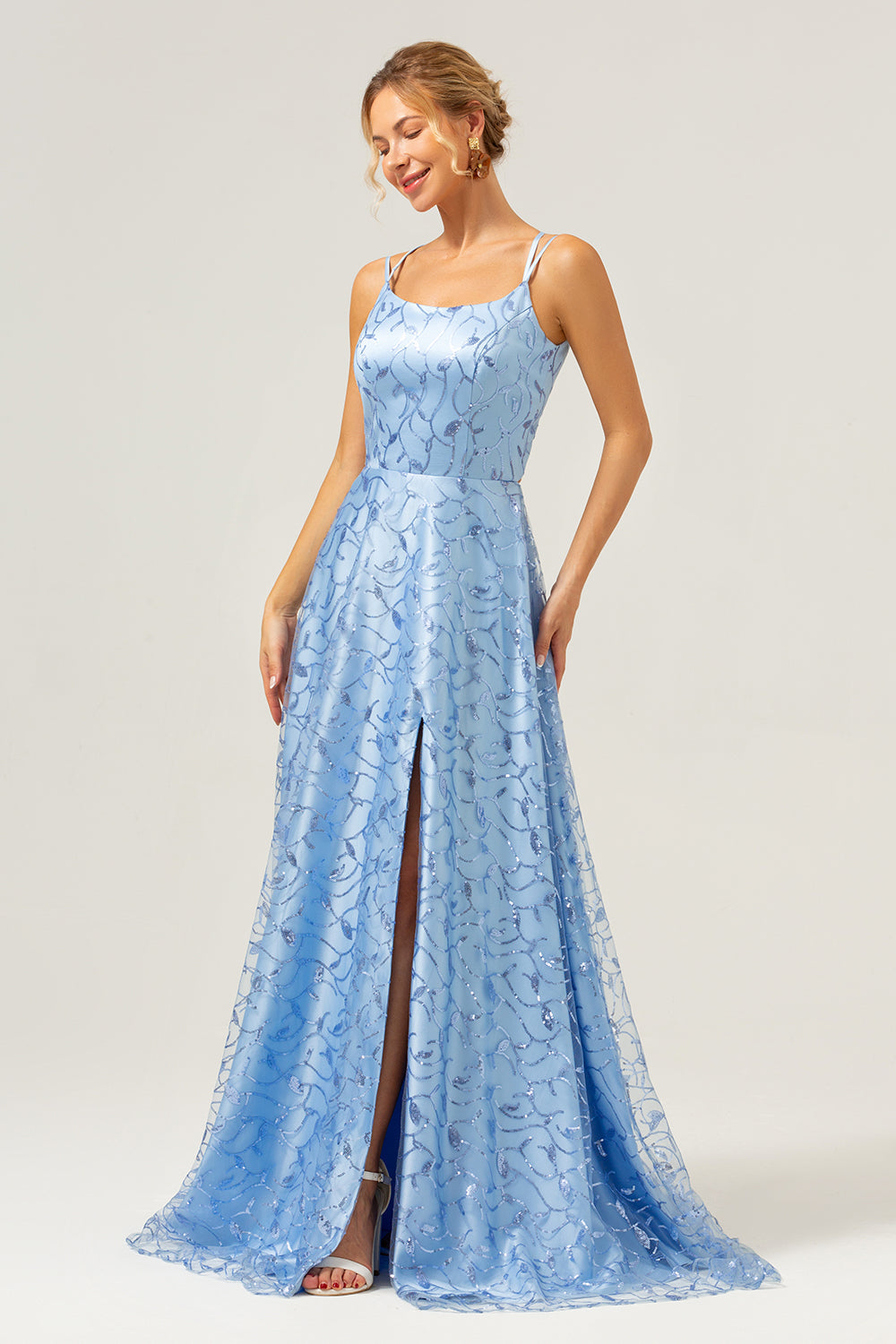 Sparkly Blue A-Line Spaghetti Straps Sequins Lace-Up Back Prom Dress with Slit