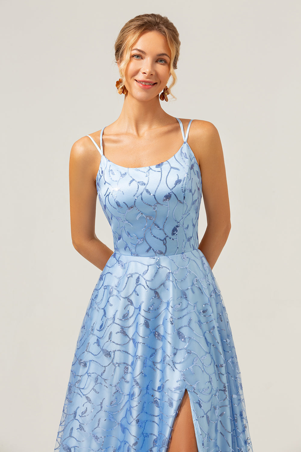 Sparkly Blue A-Line Spaghetti Straps Sequins Lace-Up Back Prom Dress with Slit
