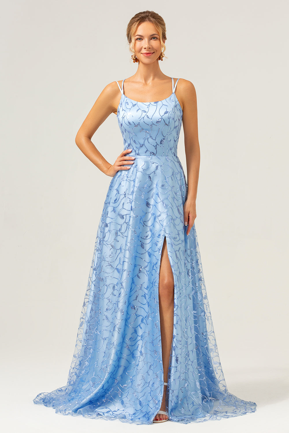 Sparkly Blue A-Line Spaghetti Straps Sequins Lace-Up Back Prom Dress with Slit