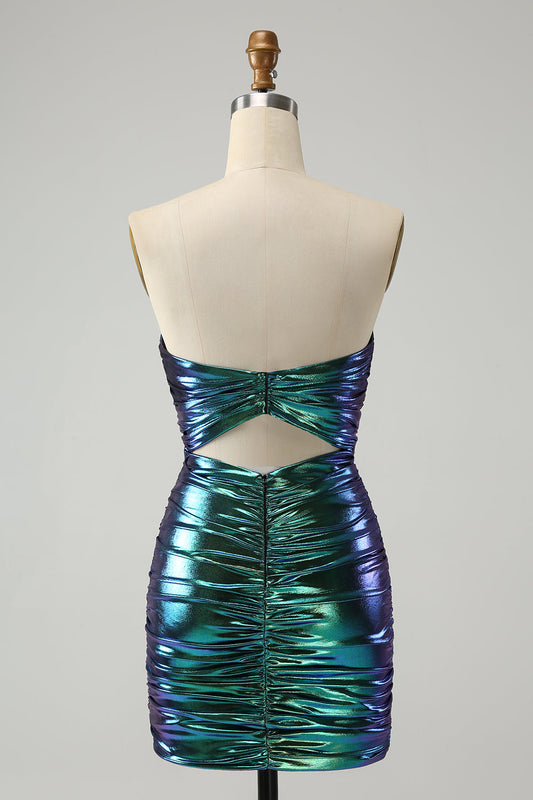 Robe de bal de fin d'année courte moulante bleu sarcelle étincelant avec décolleté en cœur et fronces