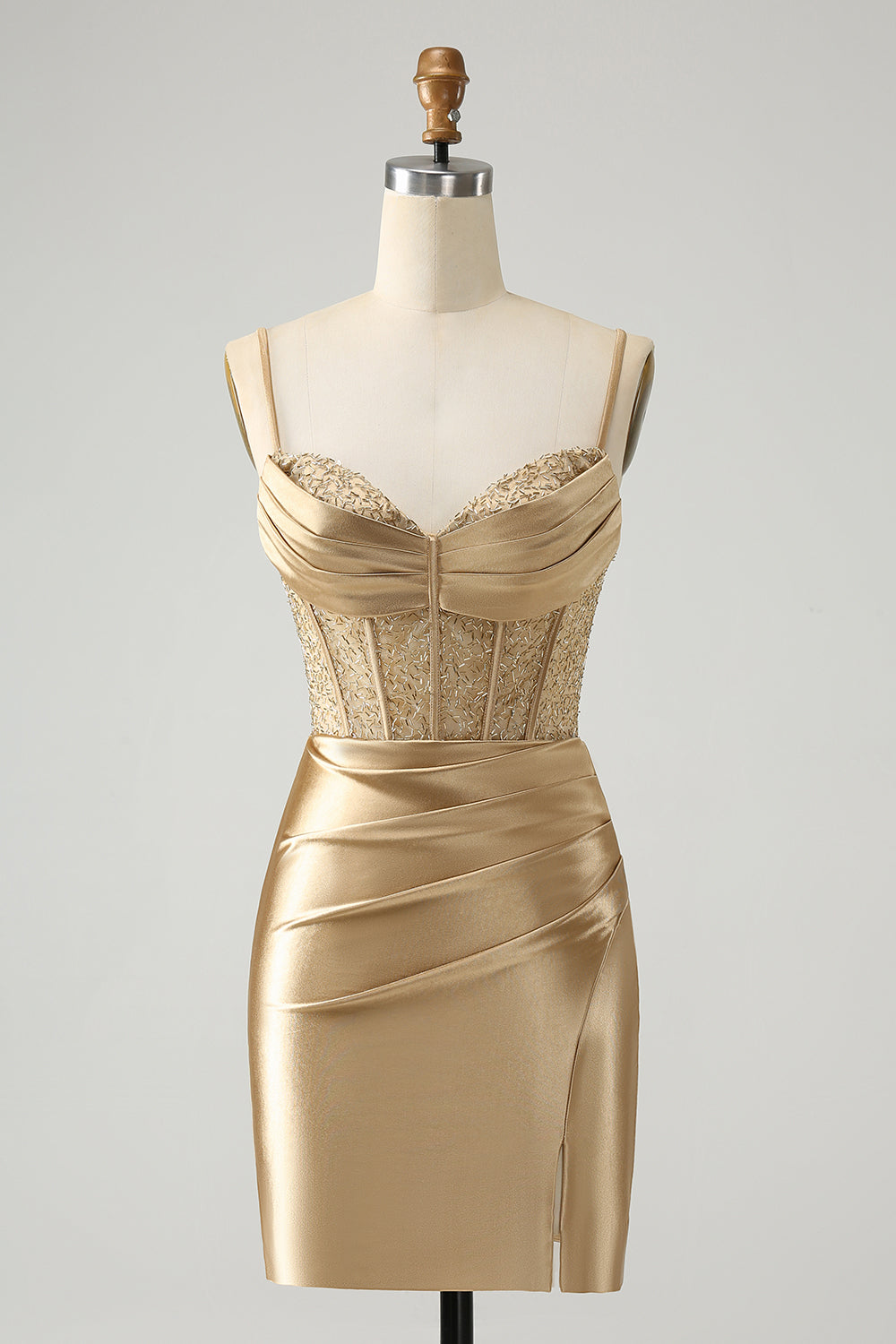 Robe courte de bal de fin d'année en satin vert clair à fines bretelles, coupe moulante avec corset et fente