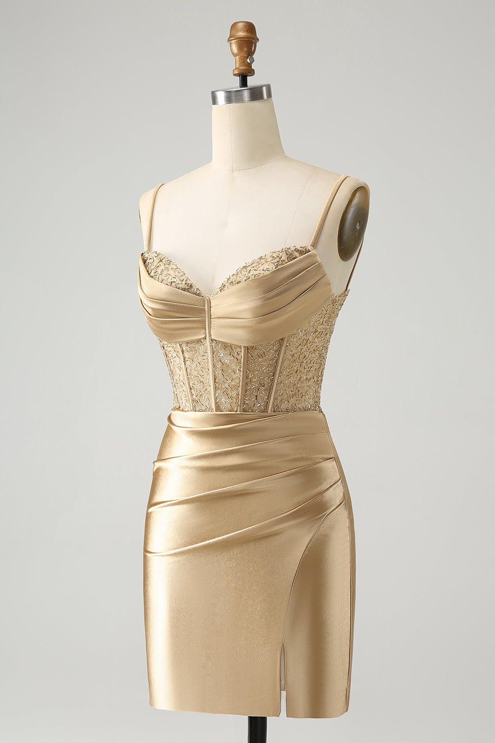 Robe de bal rouge élégante en satin avec corset à bretelles spaghetti et fente