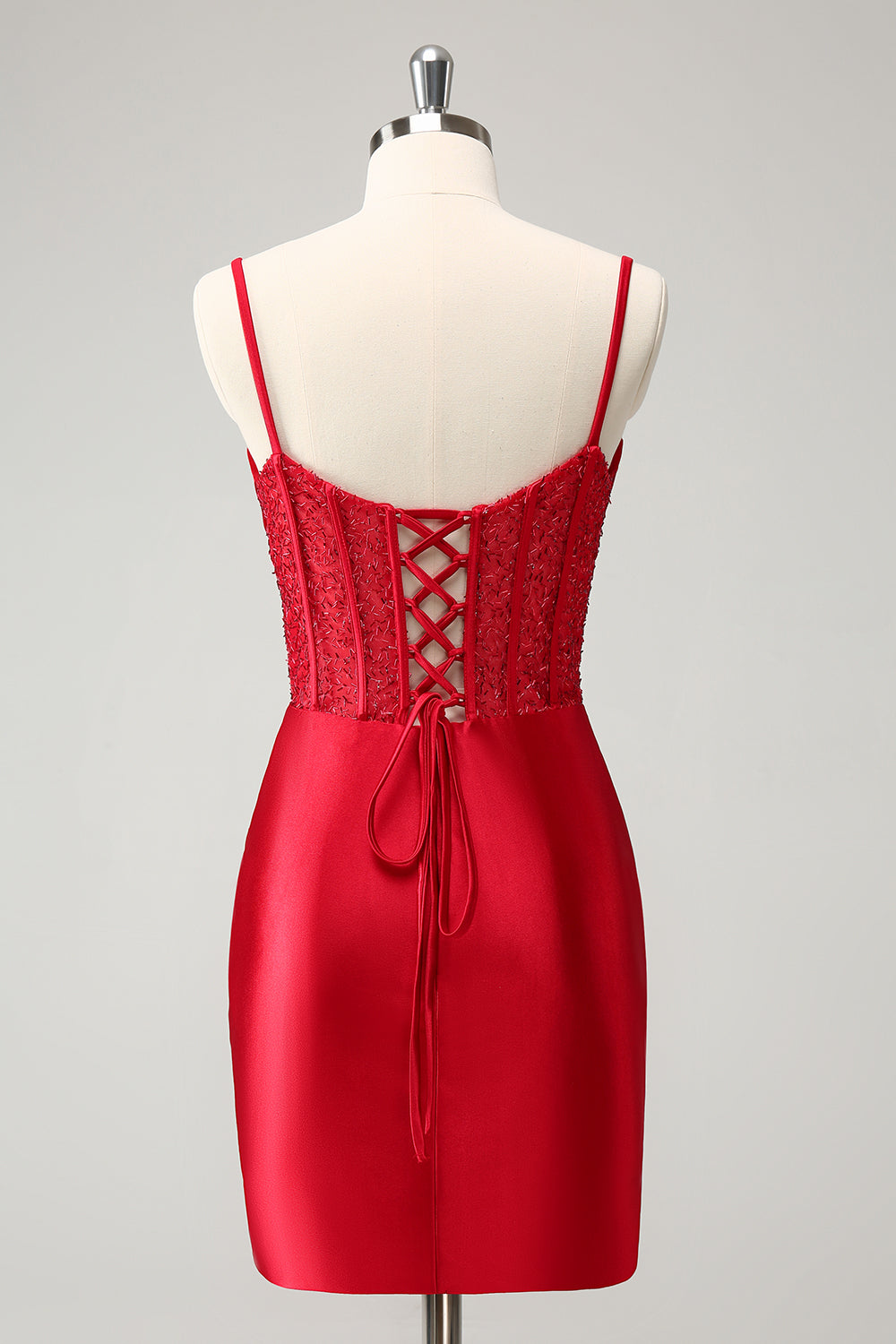 Robe de bal rouge élégante en satin avec corset à bretelles spaghetti et fente
