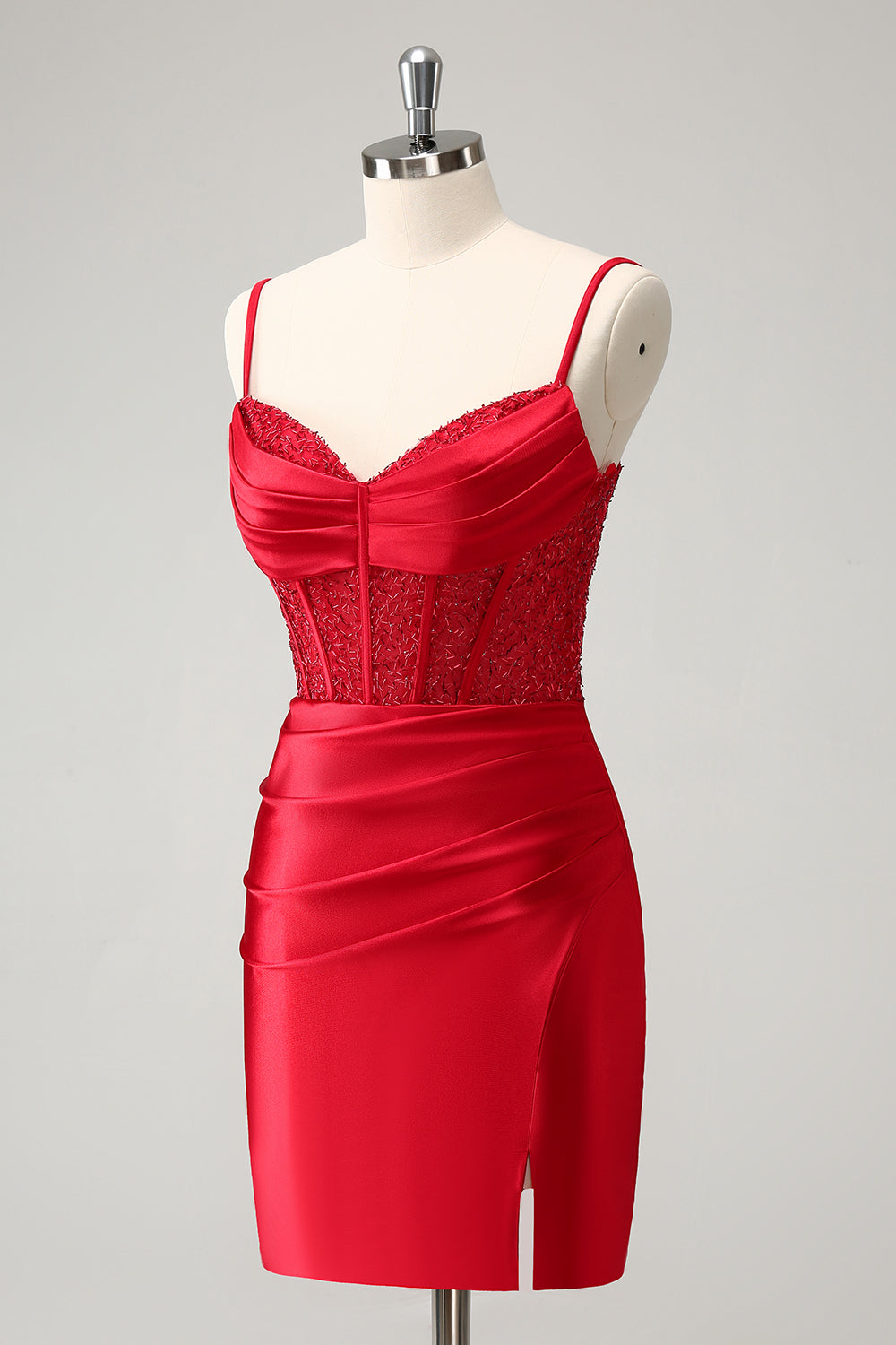 Robe de bal rouge élégante en satin avec corset à bretelles spaghetti et fente