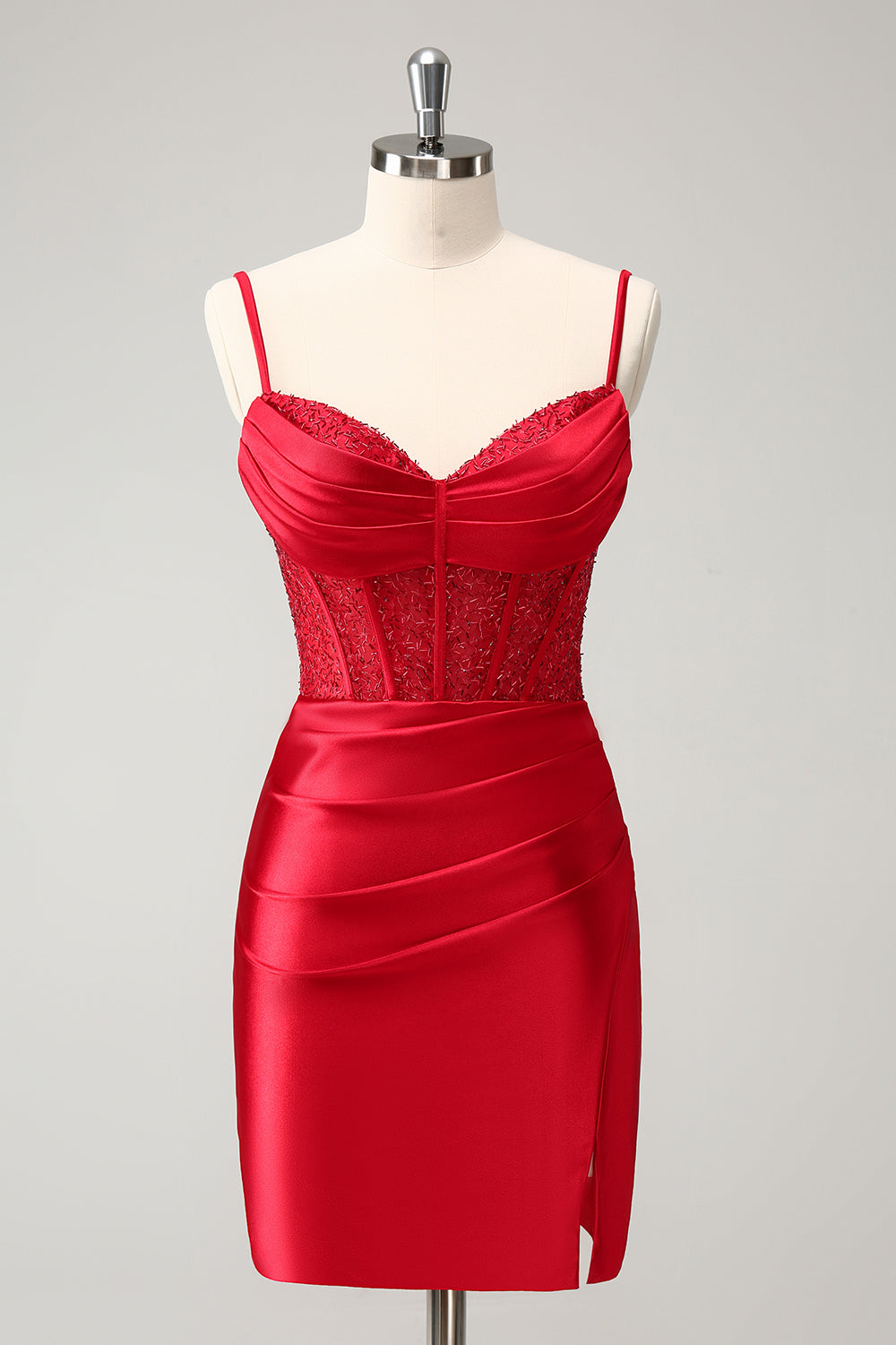 Robe courte de bal de fin d'année en satin vert clair à fines bretelles, coupe moulante avec corset et fente