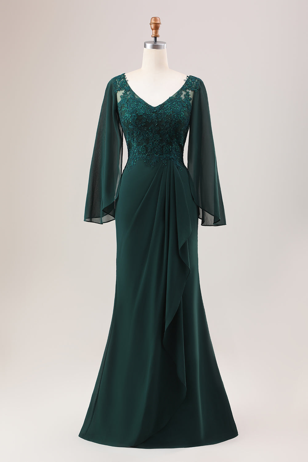 Robe de Mère de la Mariée Sirène Vert Foncé Pailletée en Mousseline à Manches Longues